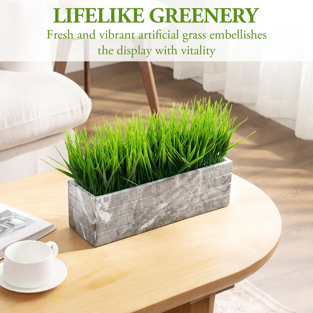 MyGift 14 Inch Artificial Green Grass Plant in Gray Marble - MyGift Official Imagery - 3