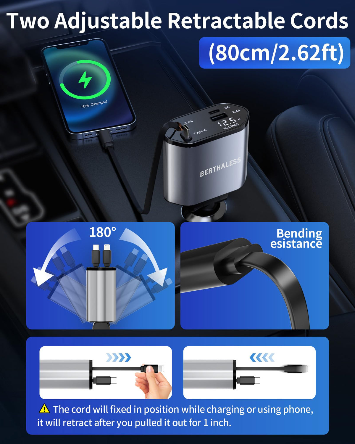 BERTHALESS Retractable Car Charger 4 in 1 Fast Charging Car Charger – close-up detail in Grey
