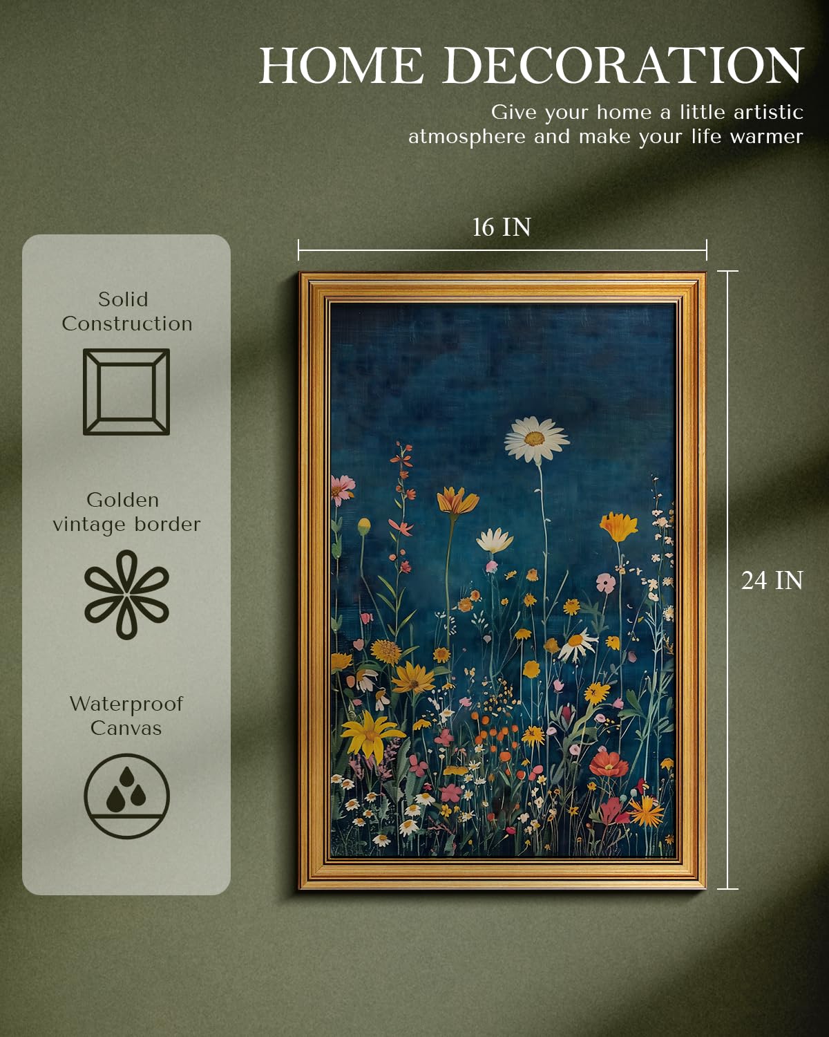 Botanical Floral Canvas Print 16x24 Gold Framed Wildflower - WHASAYART Official Imagery - 3