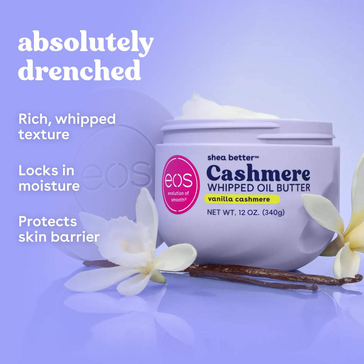 eos Cashmere Whipped Oil Body Butter Vanilla Moisturizing – packaging and label