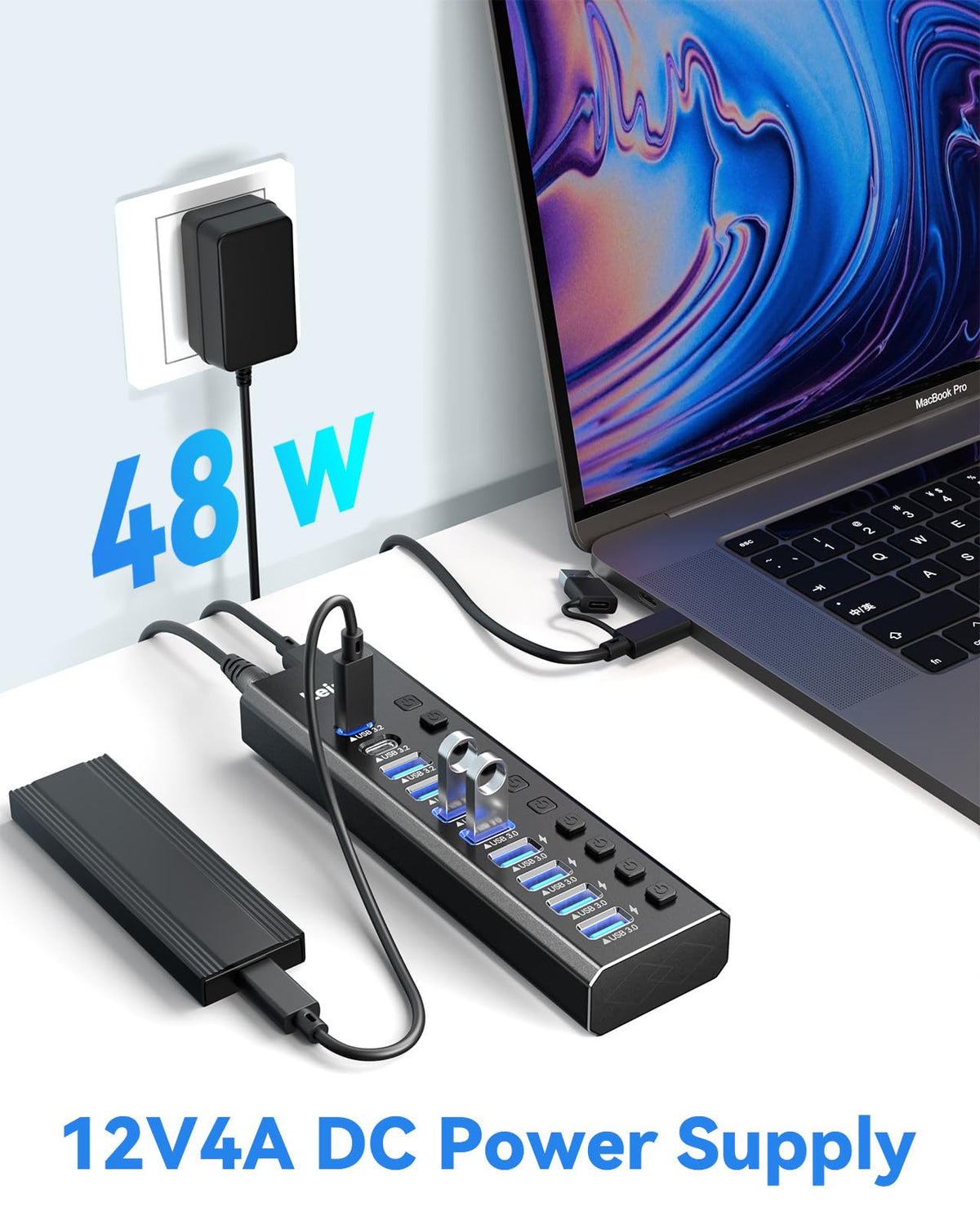 Powered USB Hub 3 2 LEINSIS 10 Port USB 3 2 USB C Hub with – full view