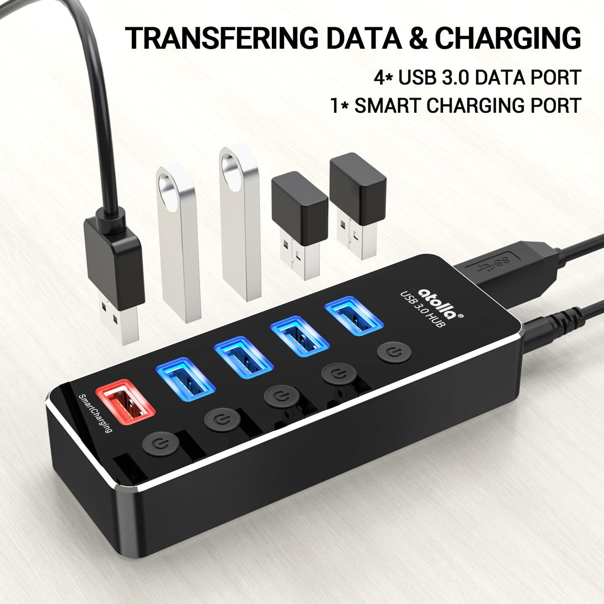 Powered USB Hub atolla Aluminum 5 Port USB 3 0 Hub with 4 – packaging and label