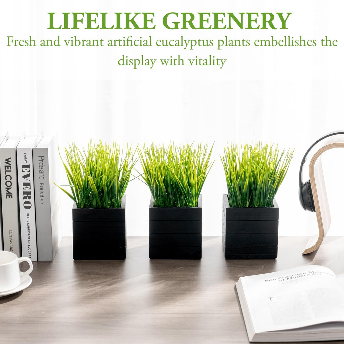 MyGift Artificial Green Grass Plants in Vintage Black Wood 4 - MyGift Official Imagery - 3