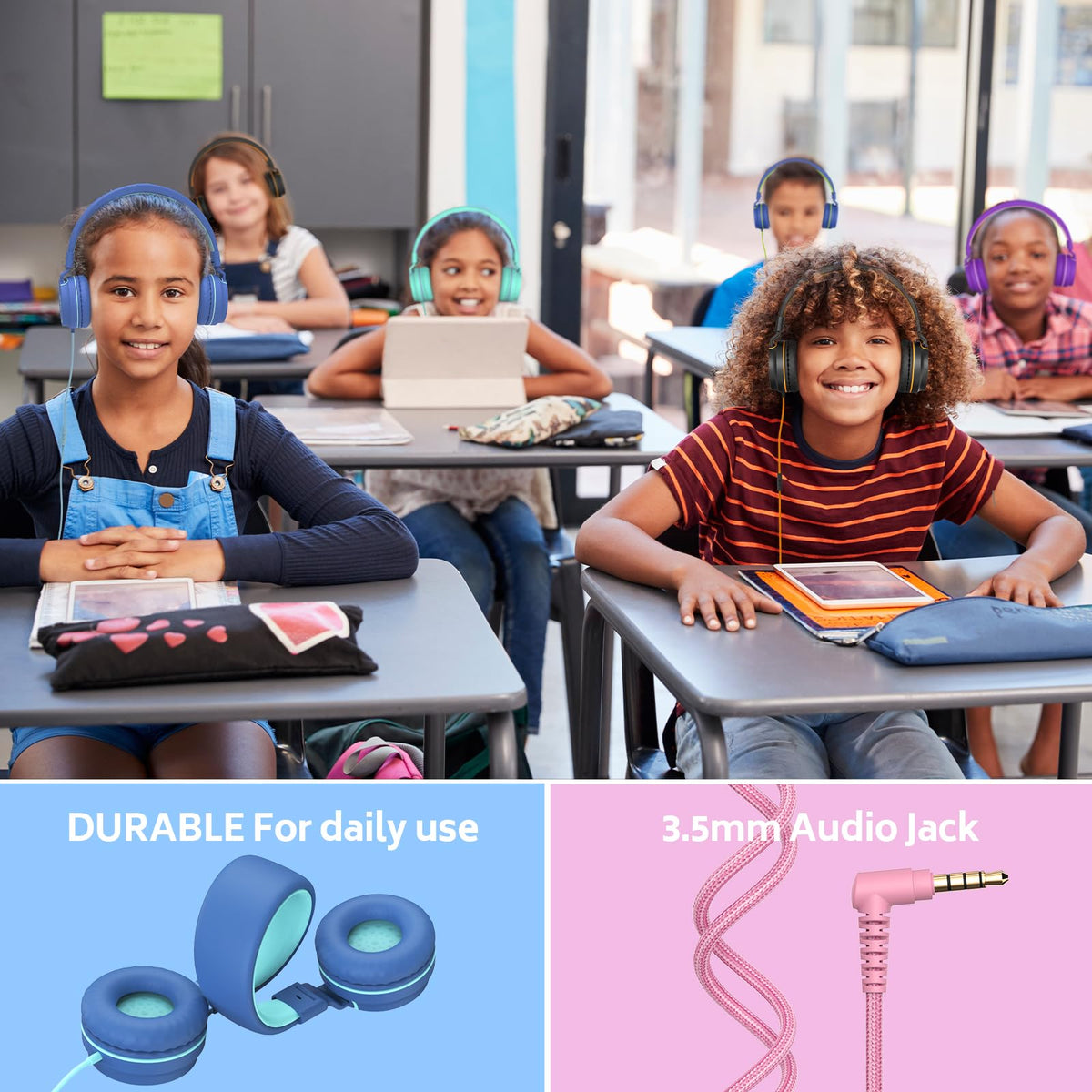 AILIHEN Kids Headphones Bulk 5 Pack for School Classroom – close-up detail in Multi Color
