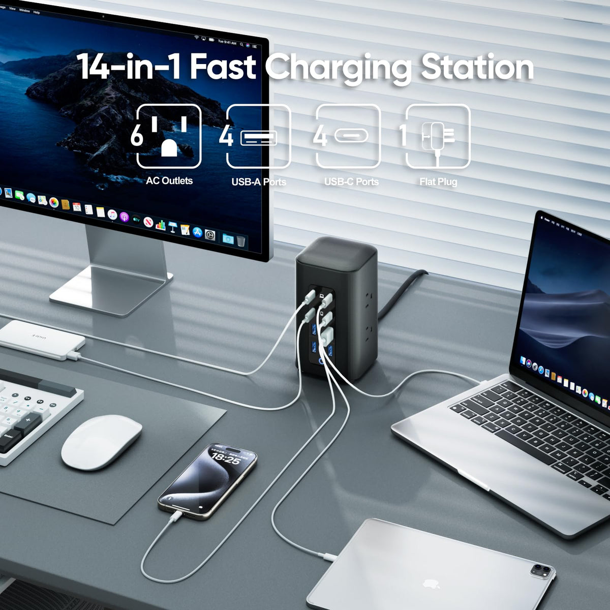 TenTrend Power Strip Tower 230W Charging Station with Multiple – close-up detail in Black/Blue