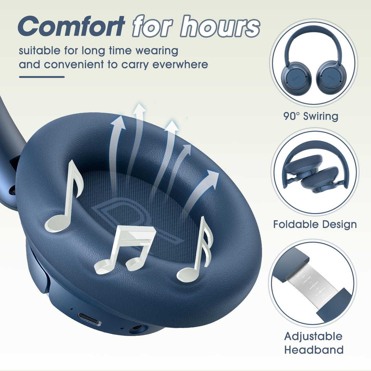 BERIBES Hybrid Active Noise Cancelling Headphones Wireless – close-up detail in Blue