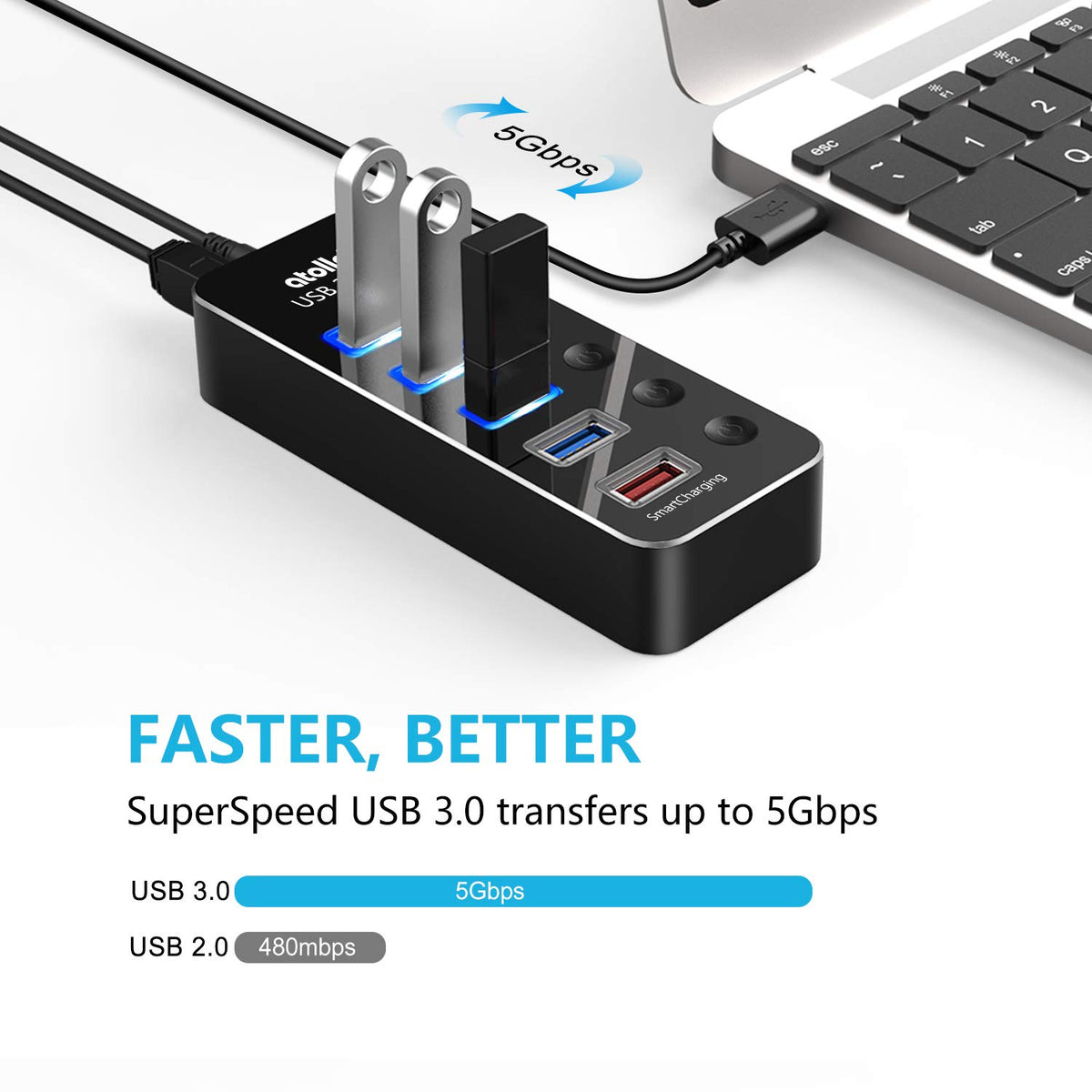 Powered USB Hub atolla Aluminum 5 Port USB 3 0 Hub with 4 – close-up detail in black
