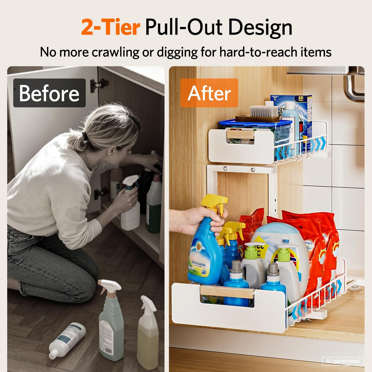 Delamu Under Sink Organizer Kitchen 2 Tier Pull Out Cabinet - Delamu Official Imagery - 3