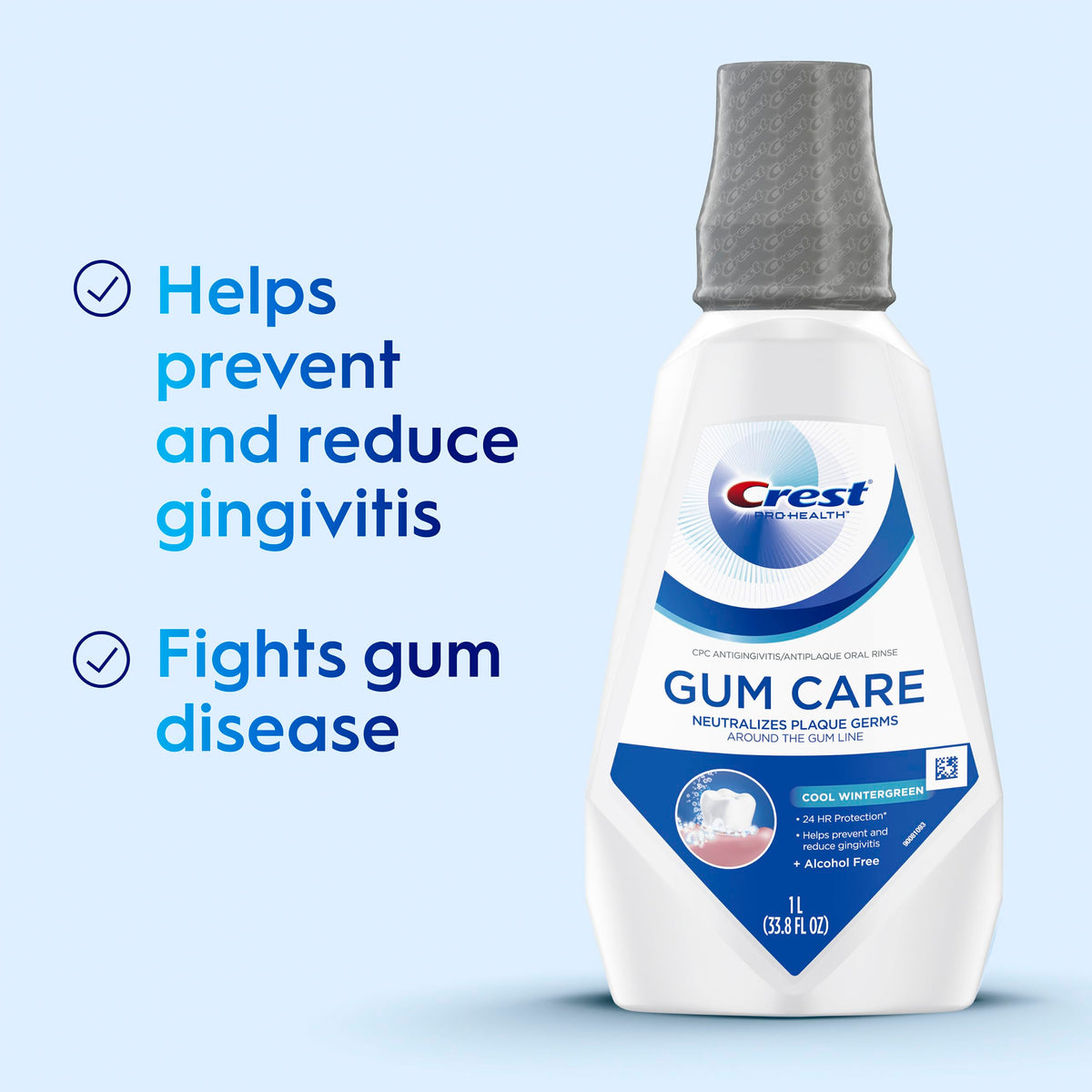 Crest Gum Care Alcohol Free Mouthwash Cool Wintergreen Value – close-up detail