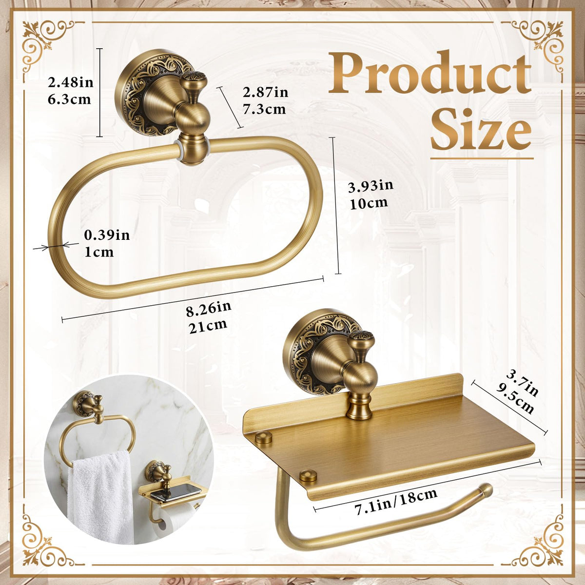 2 Pcs Antique Brass Toilet Paper Holder Towel Ring Set with - Otoolling Official Imagery - 3