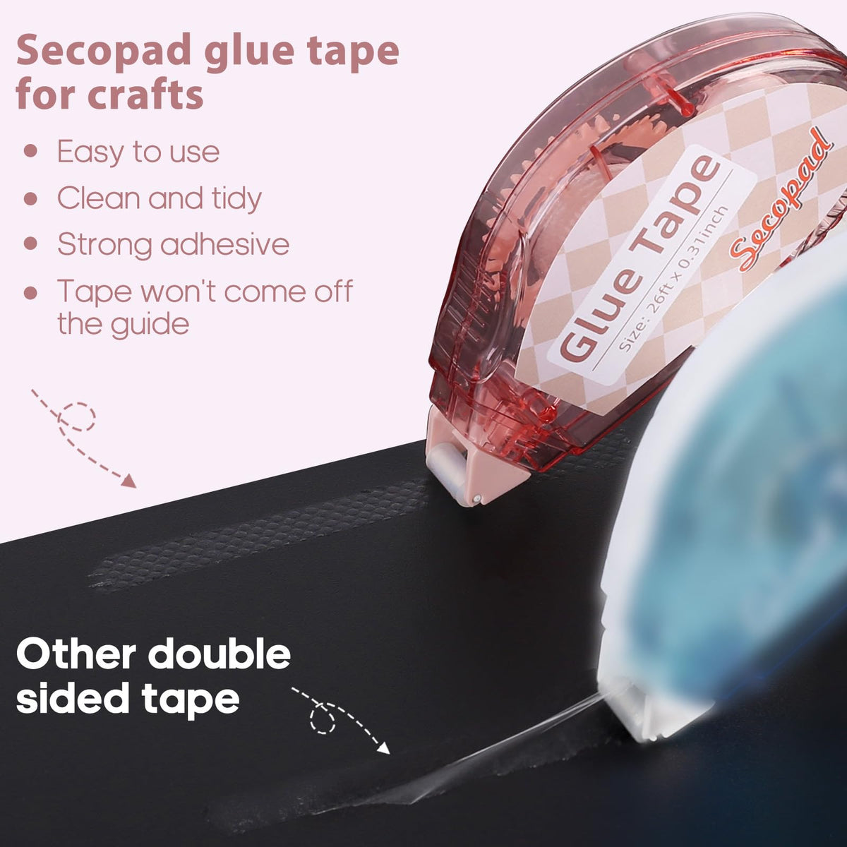 Secopad Scrapbook Tape Glue Tape for Crafts 4 Pack Light – close-up detail in Clear Light-colored Shell