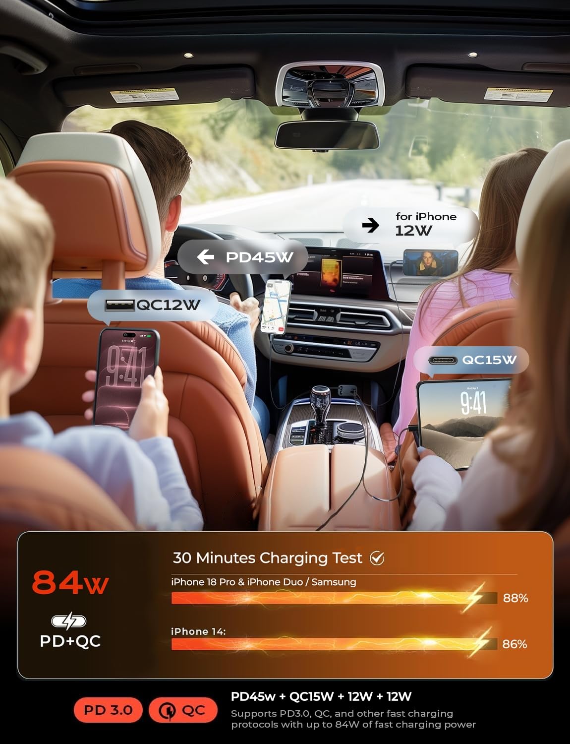 LISEN Retractable Car Charger 84W Car Charger USB C Fast – alternate angle