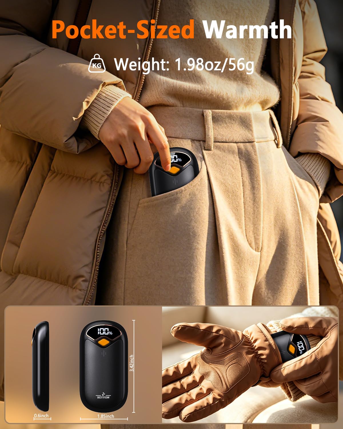 BEYYON Hand Warmers Rechargeable – back view and specifications