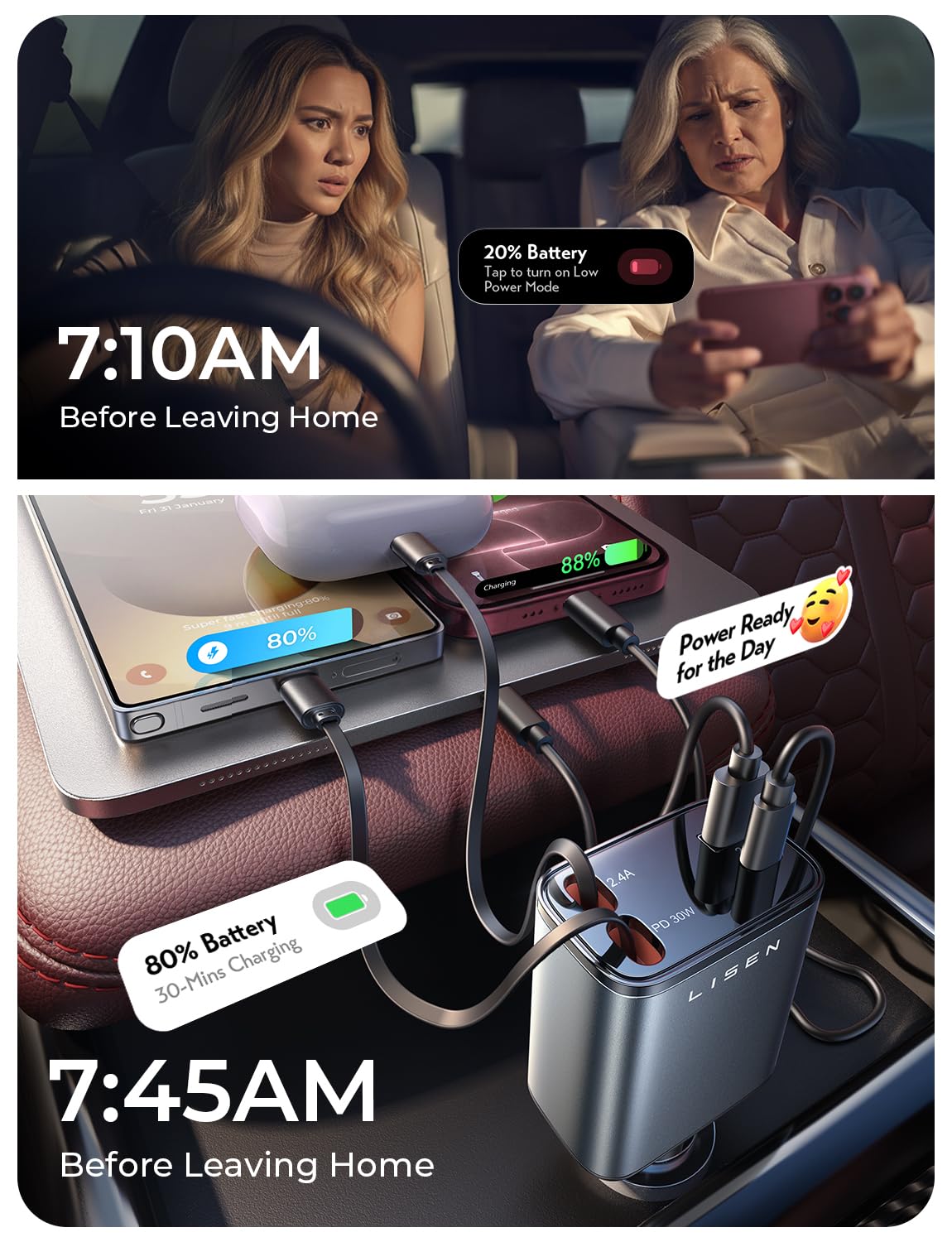 LISEN Retractable Car Charger 84W Car Charger USB C Fast – back view and specifications