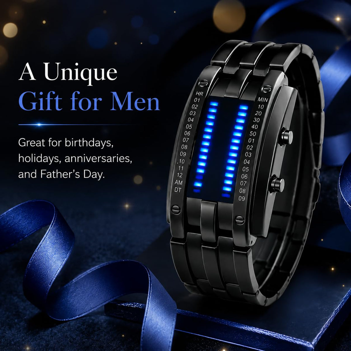 FANMIS Creative Mens Binary Matrix Blue LED Digital Watch – full view