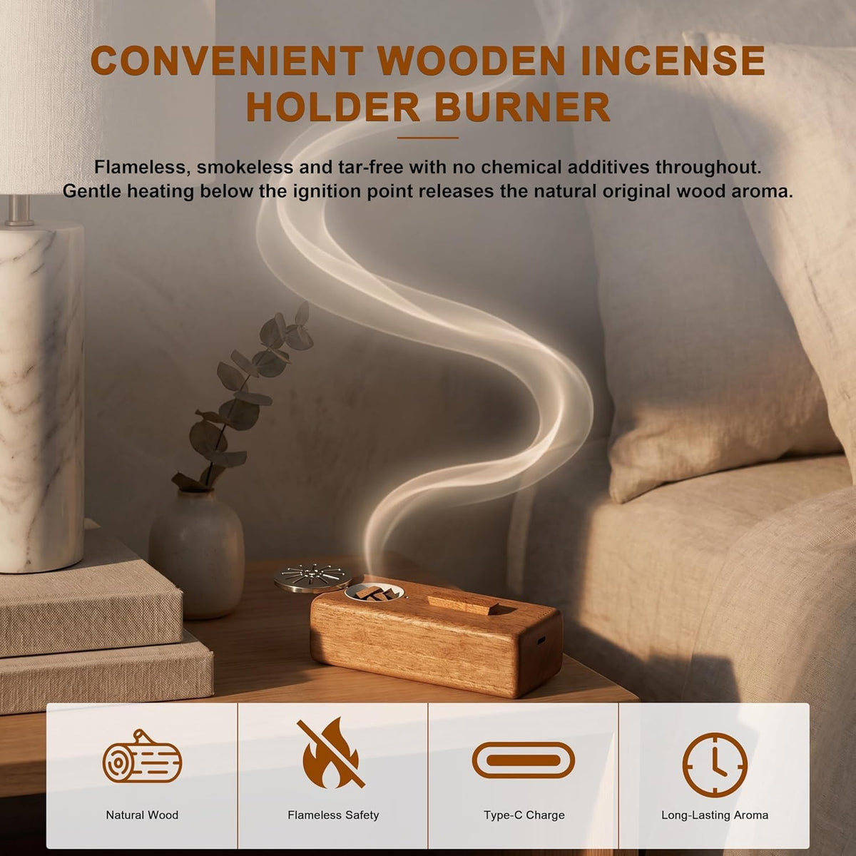 Solid Wood Flameless Electric Incense Burner with 4 - Premium Selection Official Imagery - 3