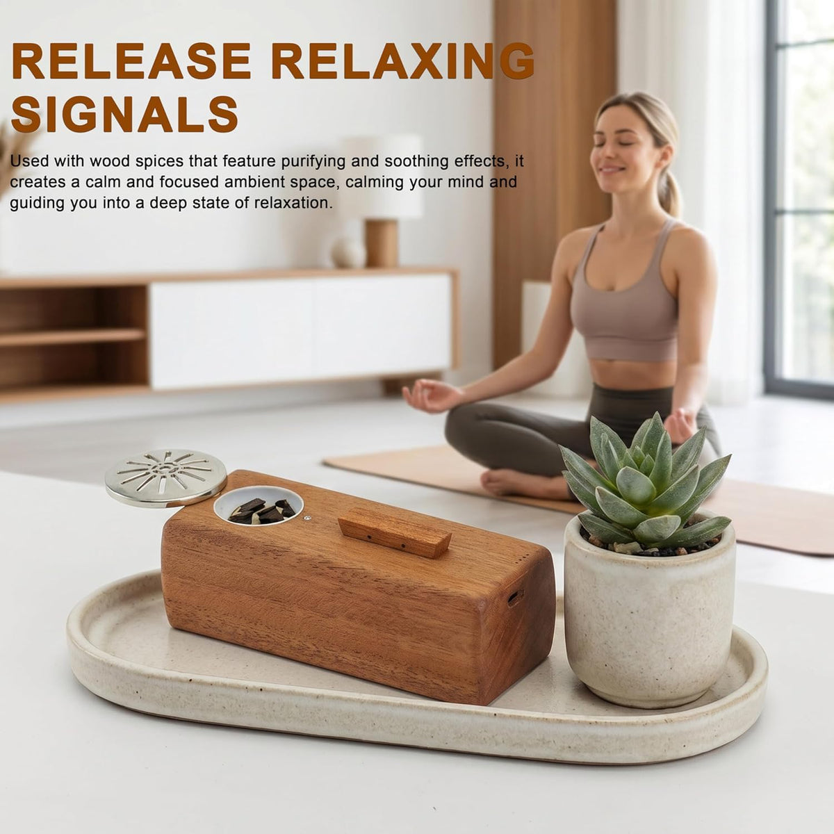 Solid Wood Flameless Electric Incense Burner with 4 - Premium Selection Official Imagery - 6