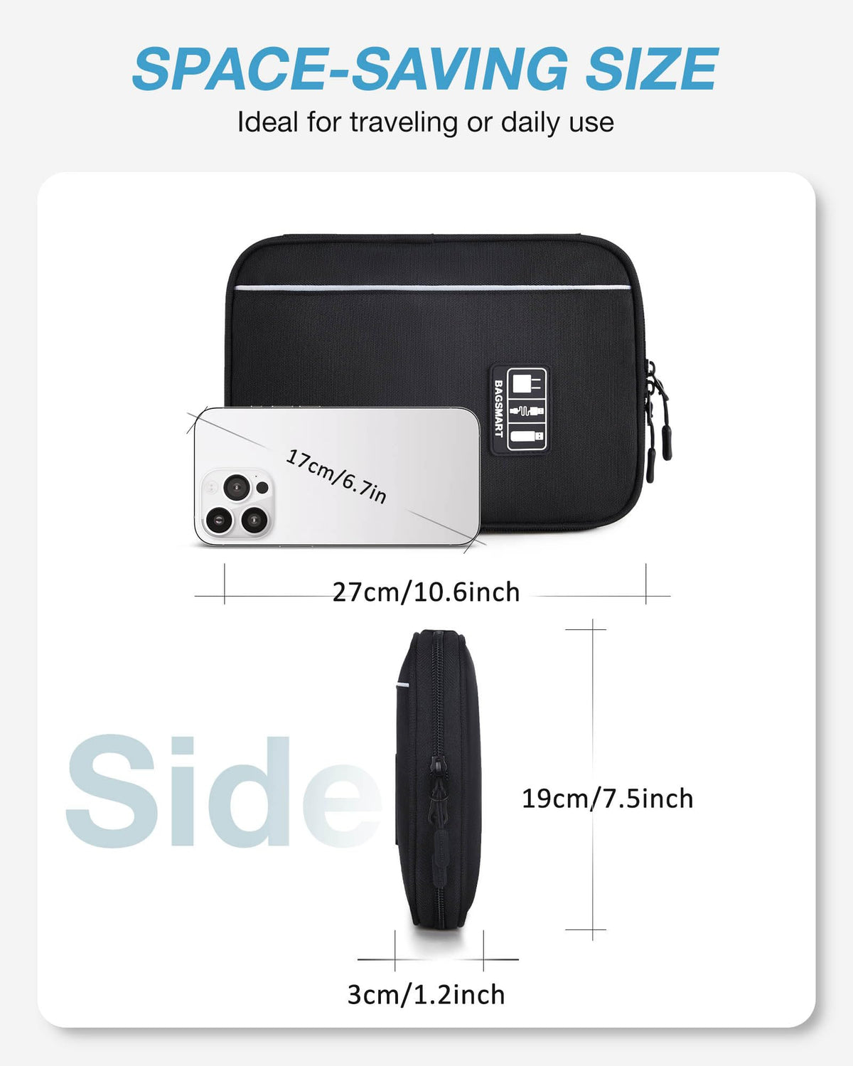BAGSMART Large Electronic Organizer Travel Case for Tech – back view and specifications