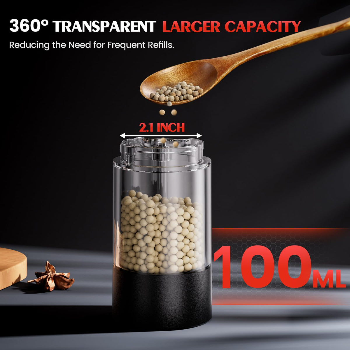 ioion Electric Salt and Pepper Grinder Set Automatic Battery – back view and specifications