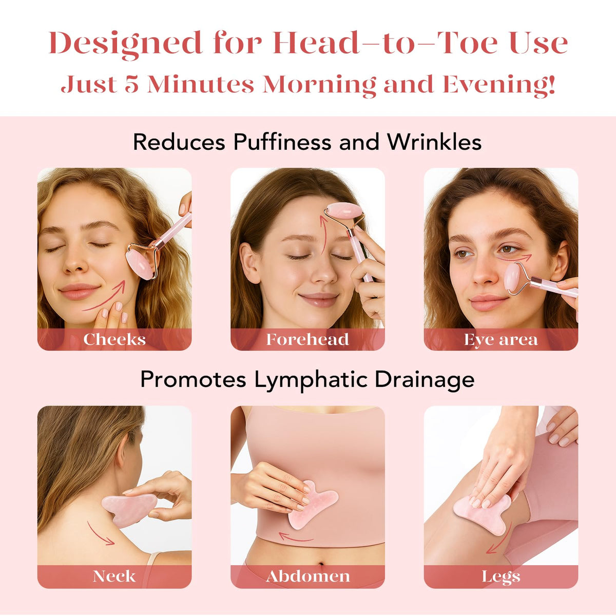 BAIMEI IcyMe Rose Quartz Roller Gua Sha Facial Tool Set for – alternate angle