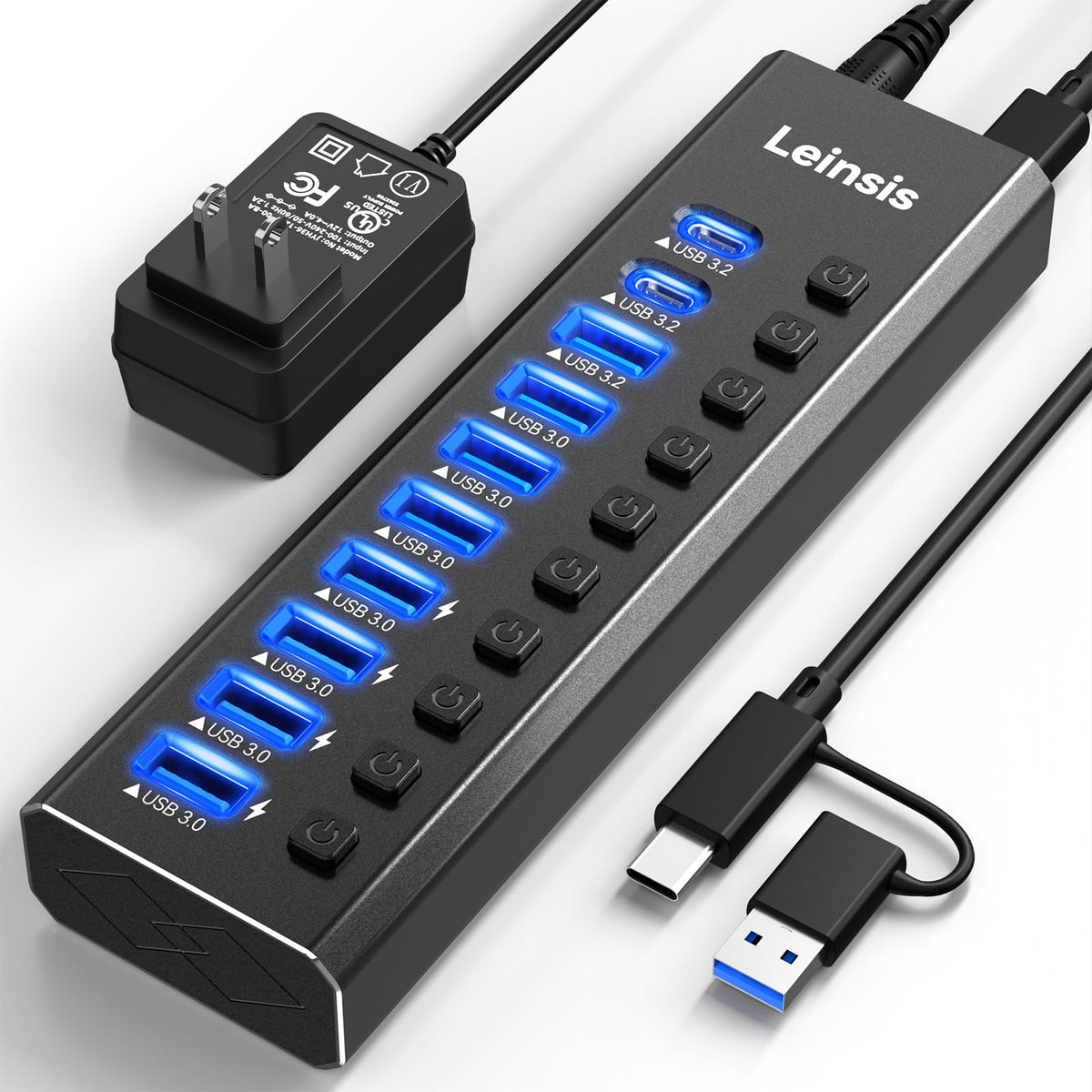 Powered USB Hub 3 2 LEINSIS 10 Port USB 3 2 USB C Hub with – product photo (USB Hubs)