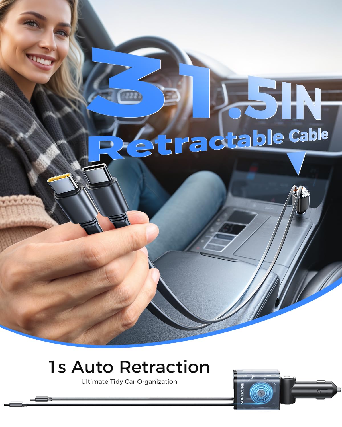 SUPERONE Retractable Car Charger 6 Port Car Charger USB C – back view and specifications