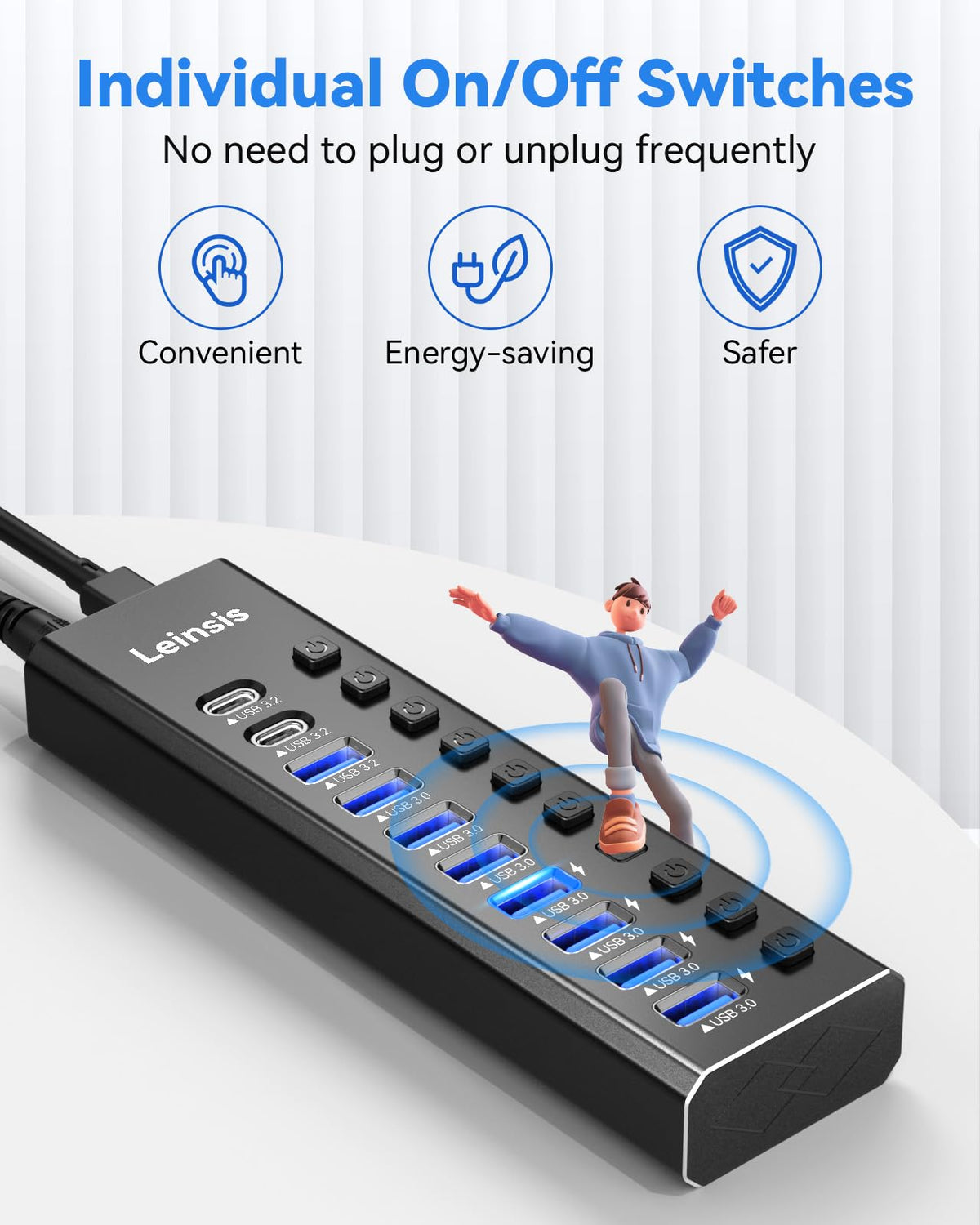 Powered USB Hub 3 2 LEINSIS 10 Port USB 3 2 USB C Hub with – back view and specifications