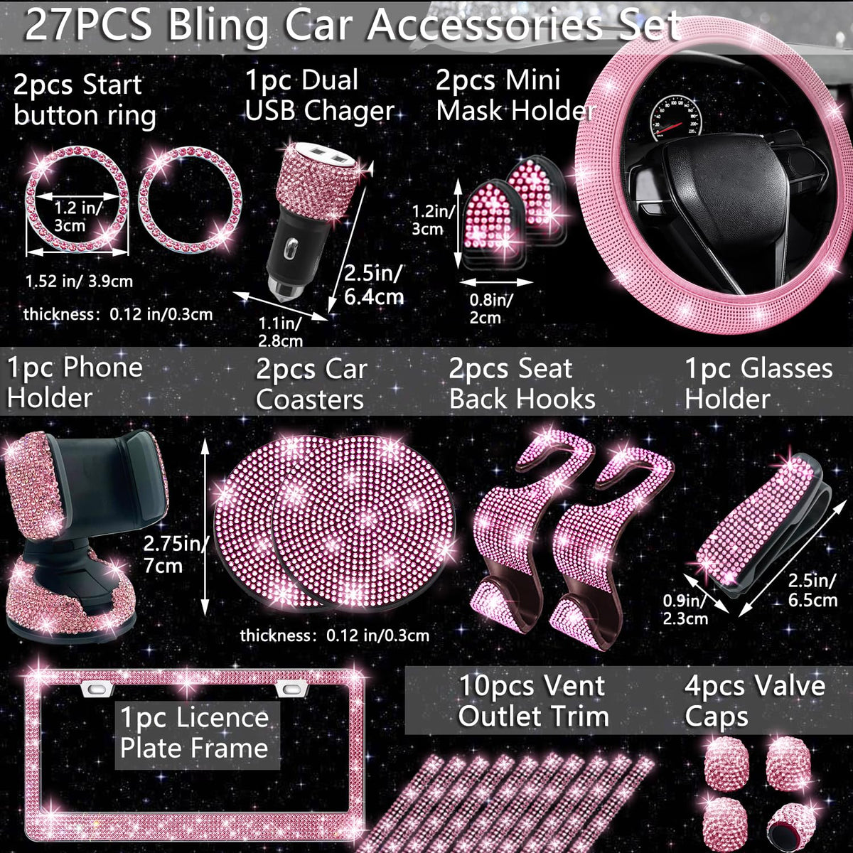 NBTEPEM 27 Piece Bling Car Accessories Set - NBTEPEM Official Imagery - 3