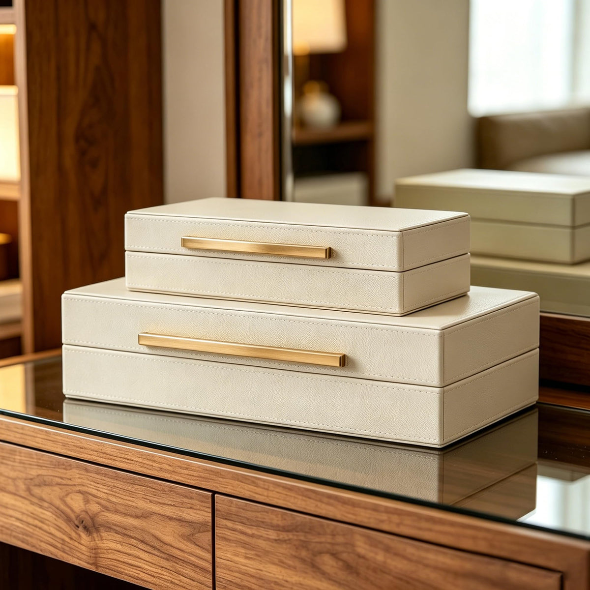 Set of 2 Shagreen Decorative Box Modern Faux Leather Beige - OIHYA Official Imagery - 7