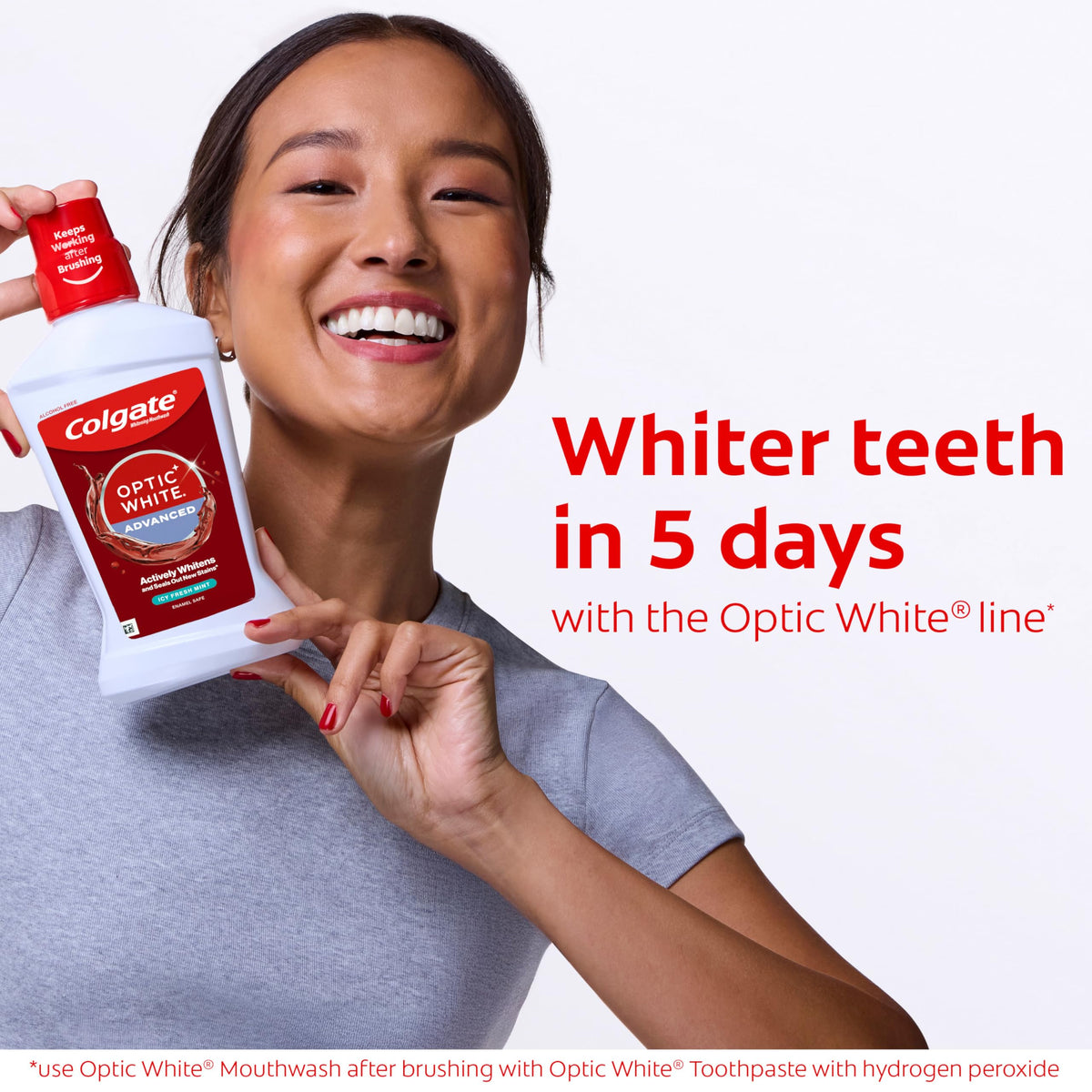 Colgate Optic White Teeth Whitening Mouthwash ICY Fresh Mint – packaging and label