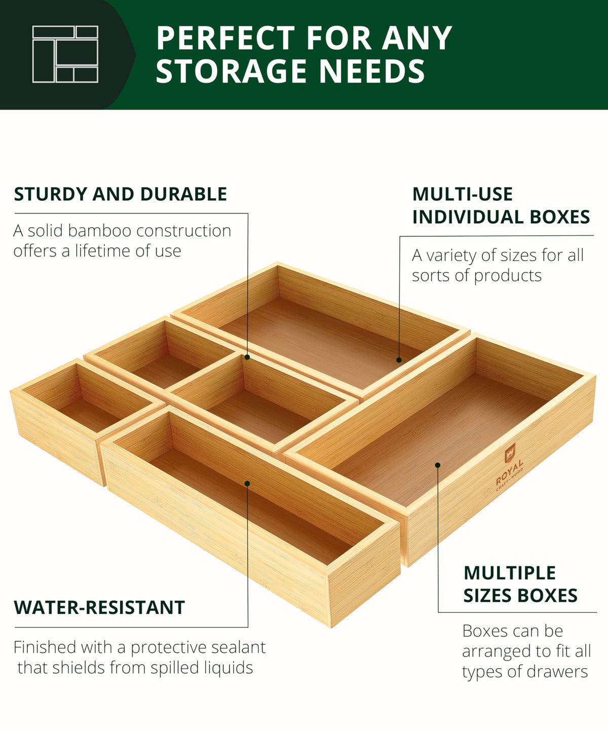 ROYAL CRAFT WOOD 5 Piece Bamboo Drawer Organizer Set Multi - ROYAL CRAFT WOOD Official Imagery - 4