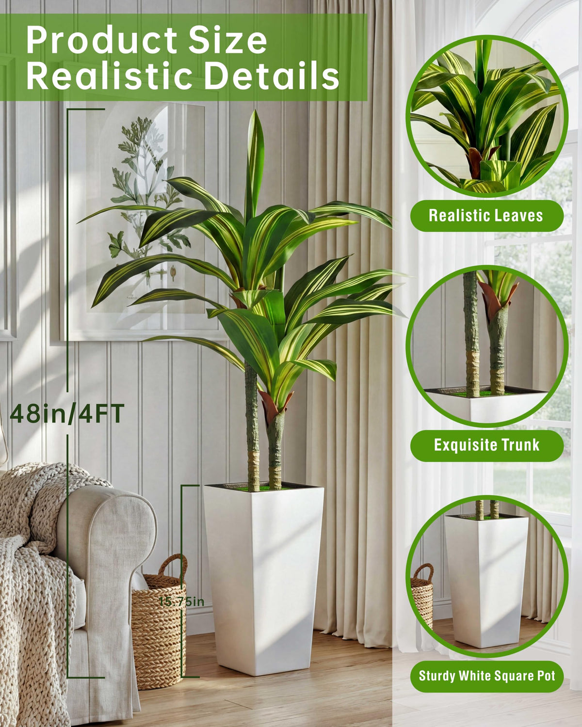 4FT Dracaena Artificial Plant with White Tall Planter - Baccraniate Official Imagery - 4