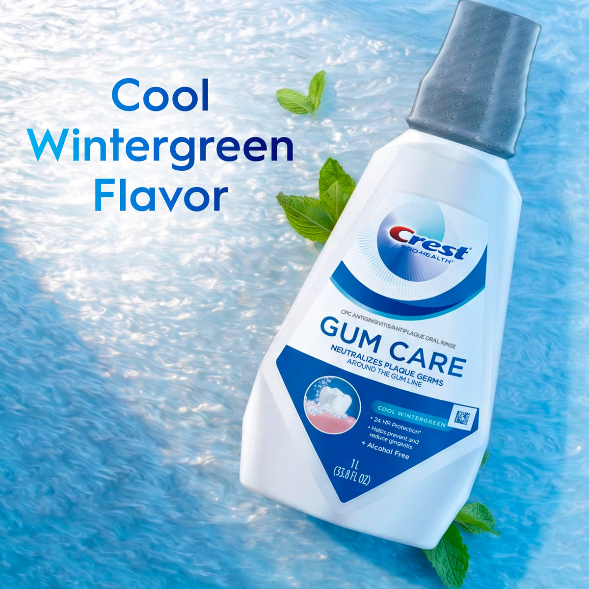 Crest Gum Care Alcohol Free Mouthwash Cool Wintergreen Value – back view and specifications