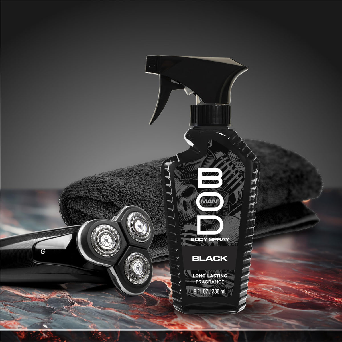 BOD man Fragrance Body Spray Black 8 fl oz – back view and specifications