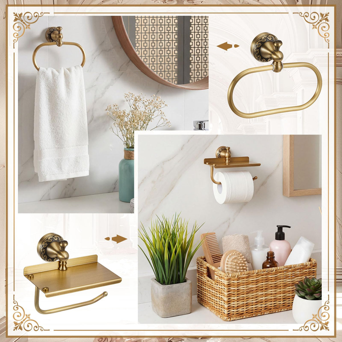 2 Pcs Antique Brass Toilet Paper Holder Towel Ring Set with - Otoolling Official Imagery - 7