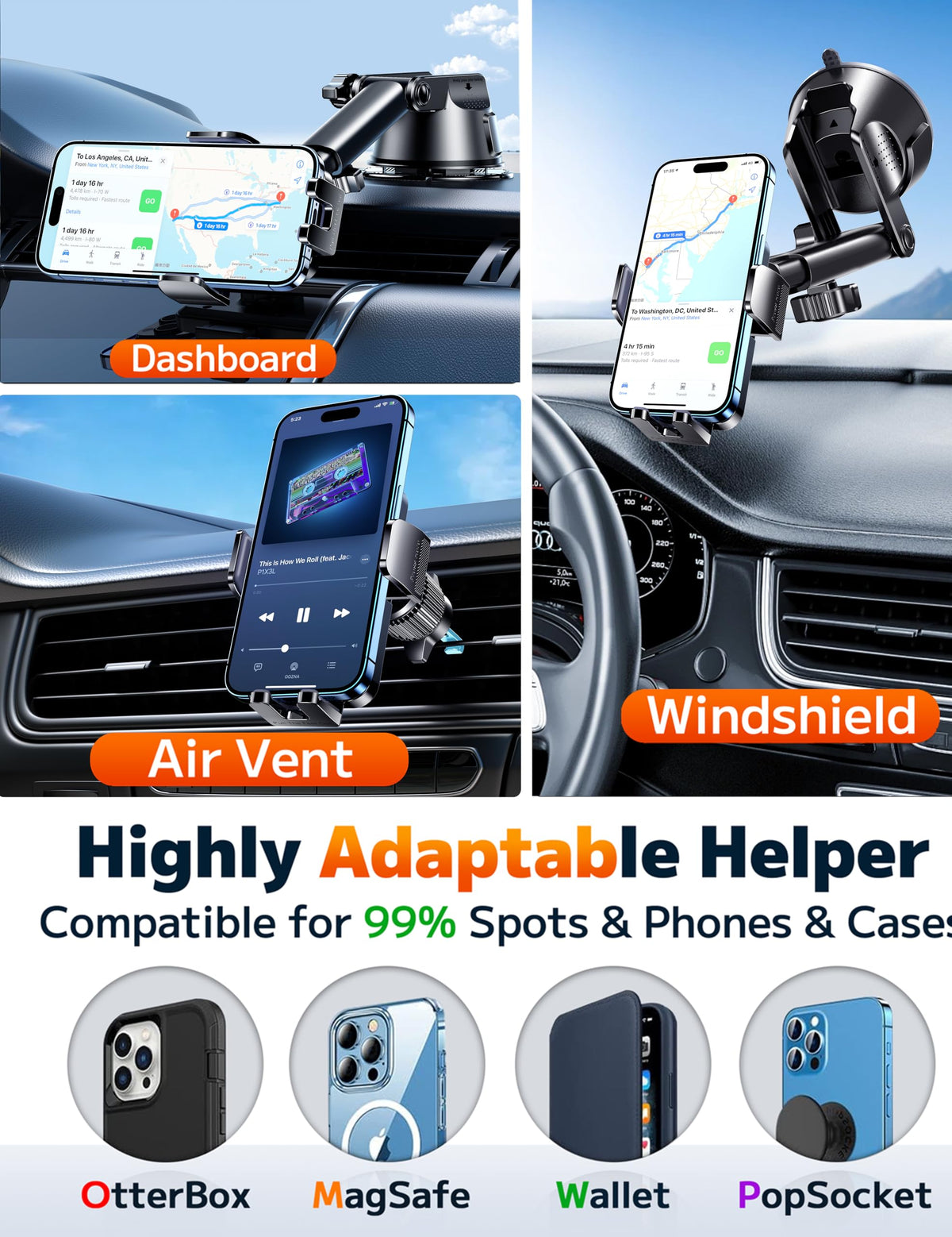 Qifutan Dash Mounted Holders Phone Holders for Your Car – back view and specifications