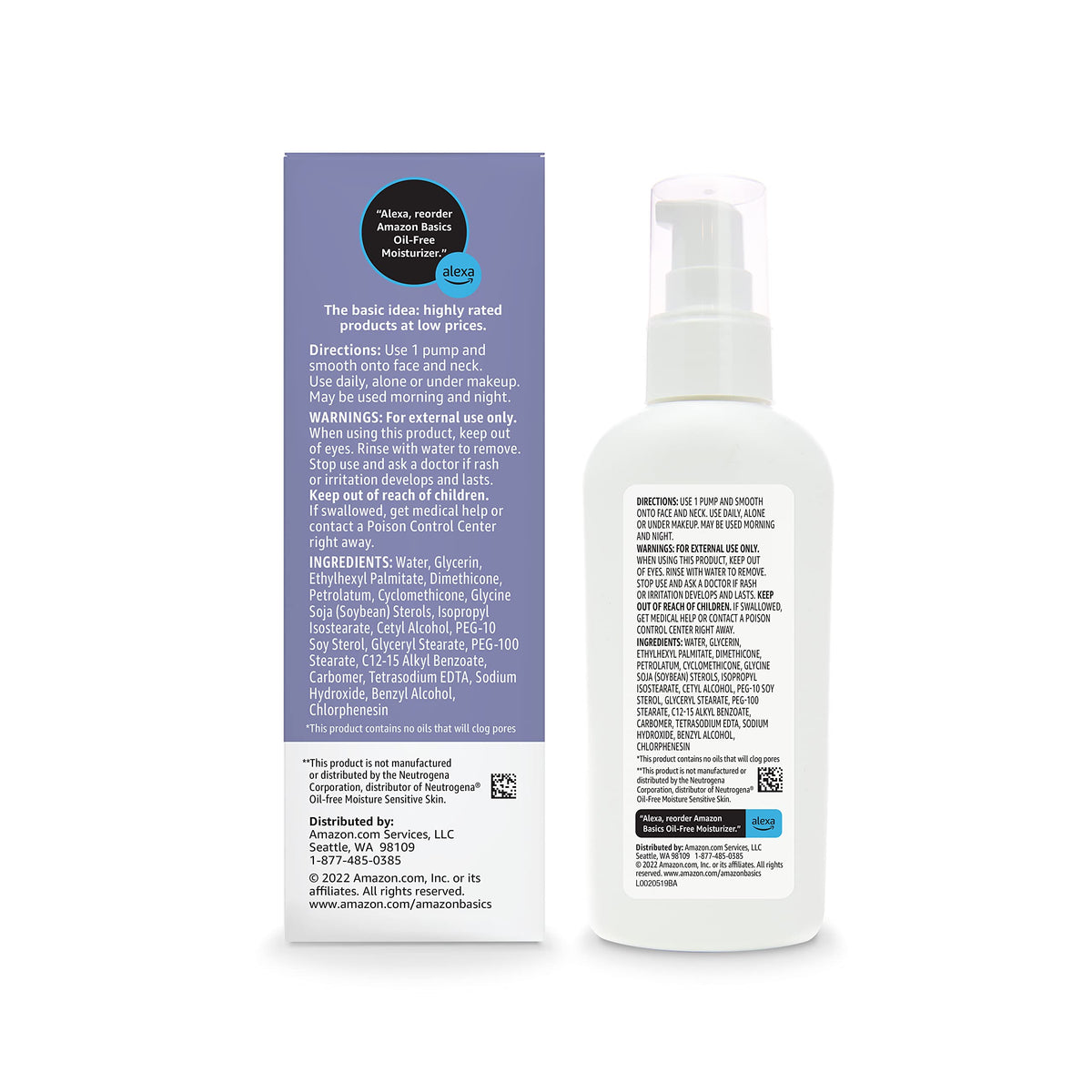 Amazon Basics Amazon Essentials Oil free Facial Moisturizer for Sensitive – packaging and label