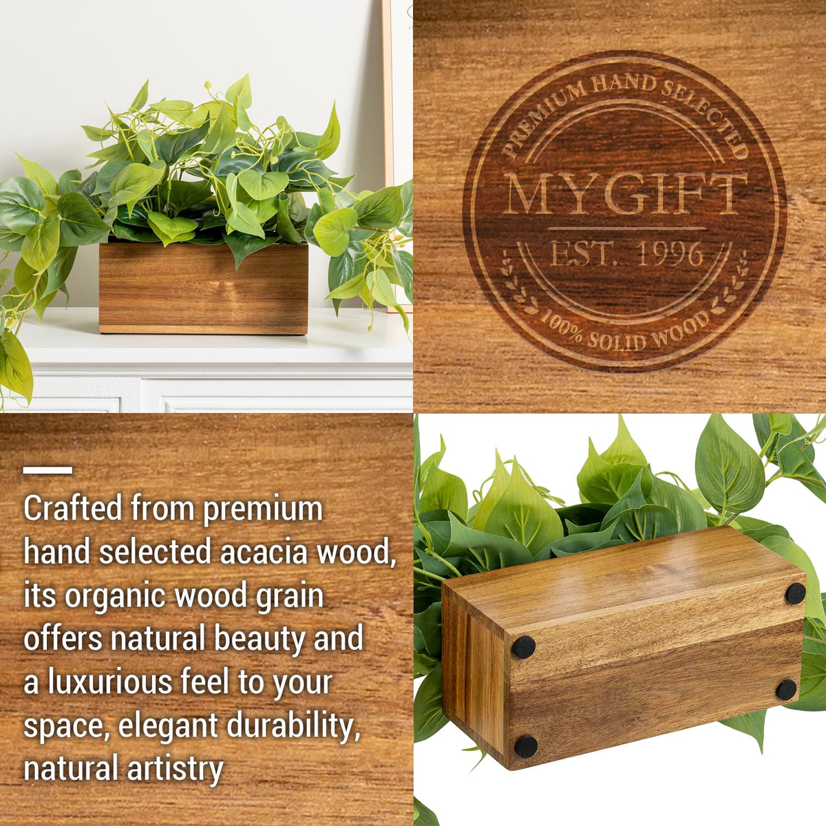 MyGift Artificial Pothos Plant Acacia Wood Planter Box Faux - MyGift Official Imagery - 7
