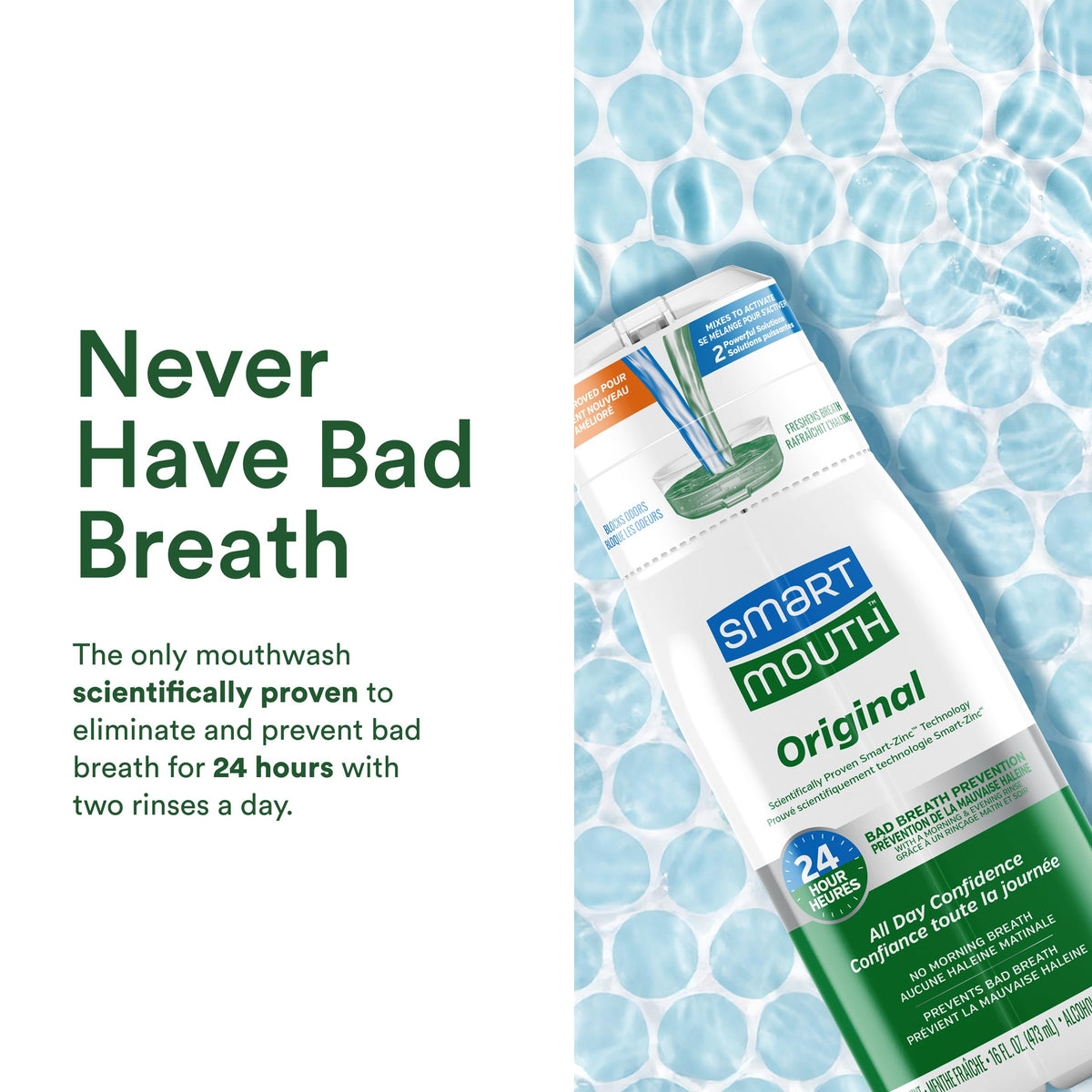 SmartMouth Original Zinc Activated Mouthwash Fresh Mint 16 – packaging and label
