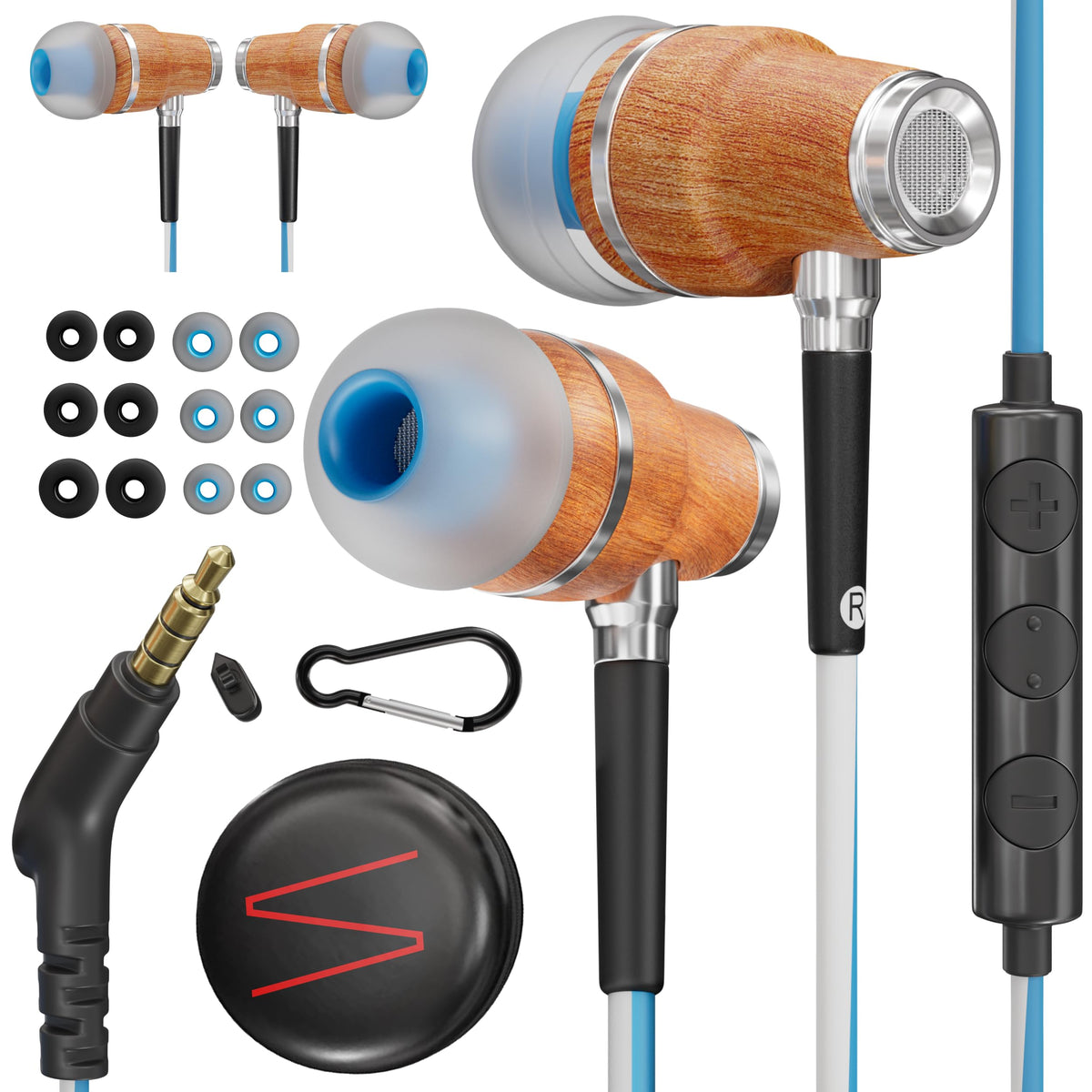 Symphonized Wooden Aux 3 5mm Jack Wired Earbuds for Laptop – Blue, Wood