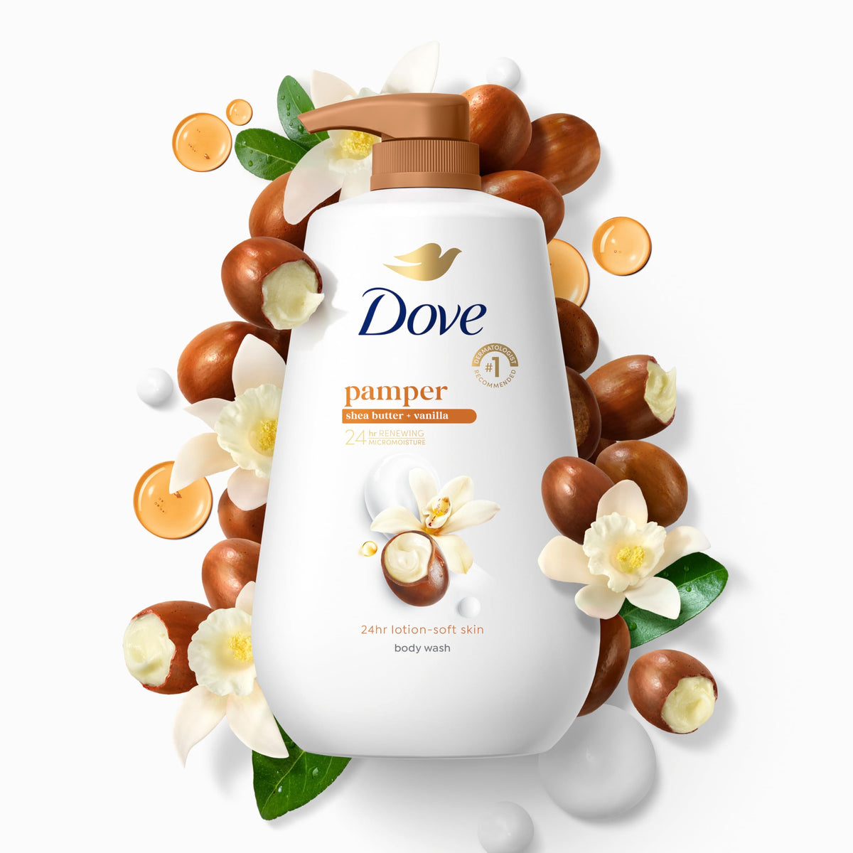Dove Body Wash Pamper Shea Butter Vanilla 30 6 oz Pump – back view and specifications