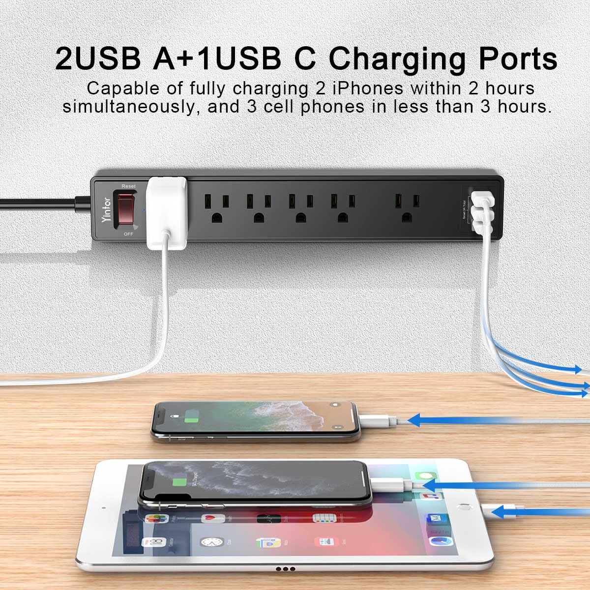Yintar 6Ft Surge Protector Power Strip with 6 Outlets 3 USB – full view