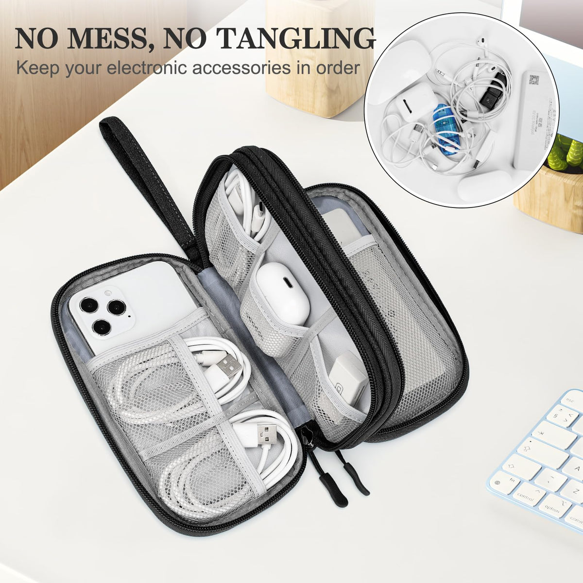 FYY Electronic Organizer Travel Tech Pouch Bag Cable – back view and specifications