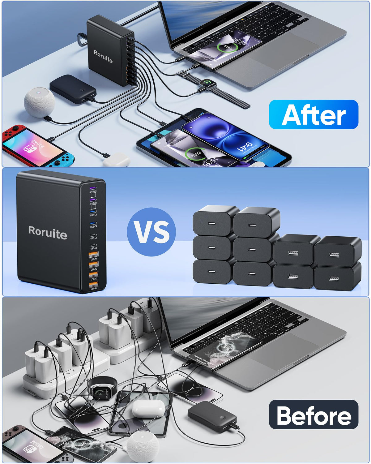 Roruite 1000W USB C Charging Station, 120W PD GaN5 Super Fast USB C Charger Block – alternate angle