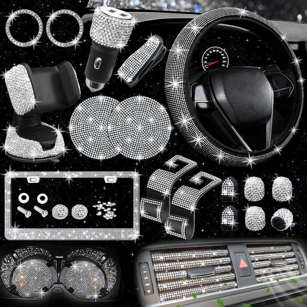 NBTEPEM 27 PCs Bling Car Accessories Set for Women Steering - NBTEPEM Official Imagery - 1