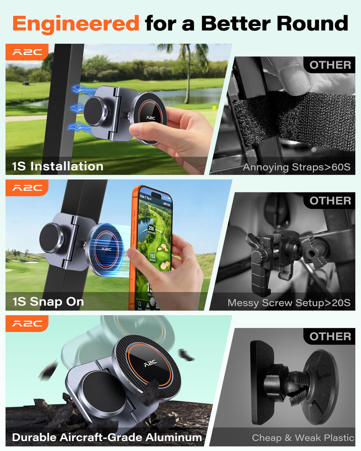 A2C Original Fold Magnet Golf Cart Phone Holder with - A2C Official Imagery - 4