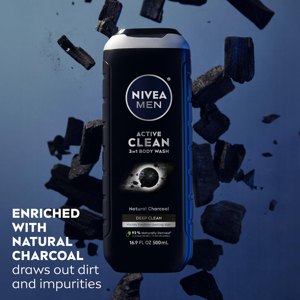 NIVEA MEN Active Clean 3 in 1 Body Wash Mulitpack 3 x 16 9 – packaging and label