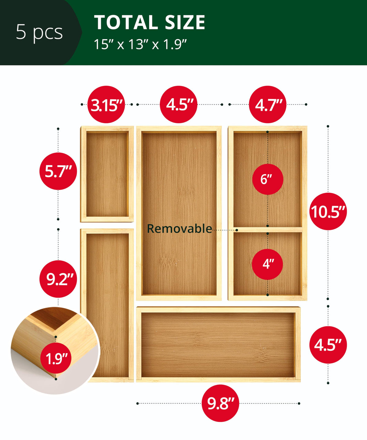 ROYAL CRAFT WOOD 5 Piece Bamboo Drawer Organizer Set Multi - ROYAL CRAFT WOOD Official Imagery - 3