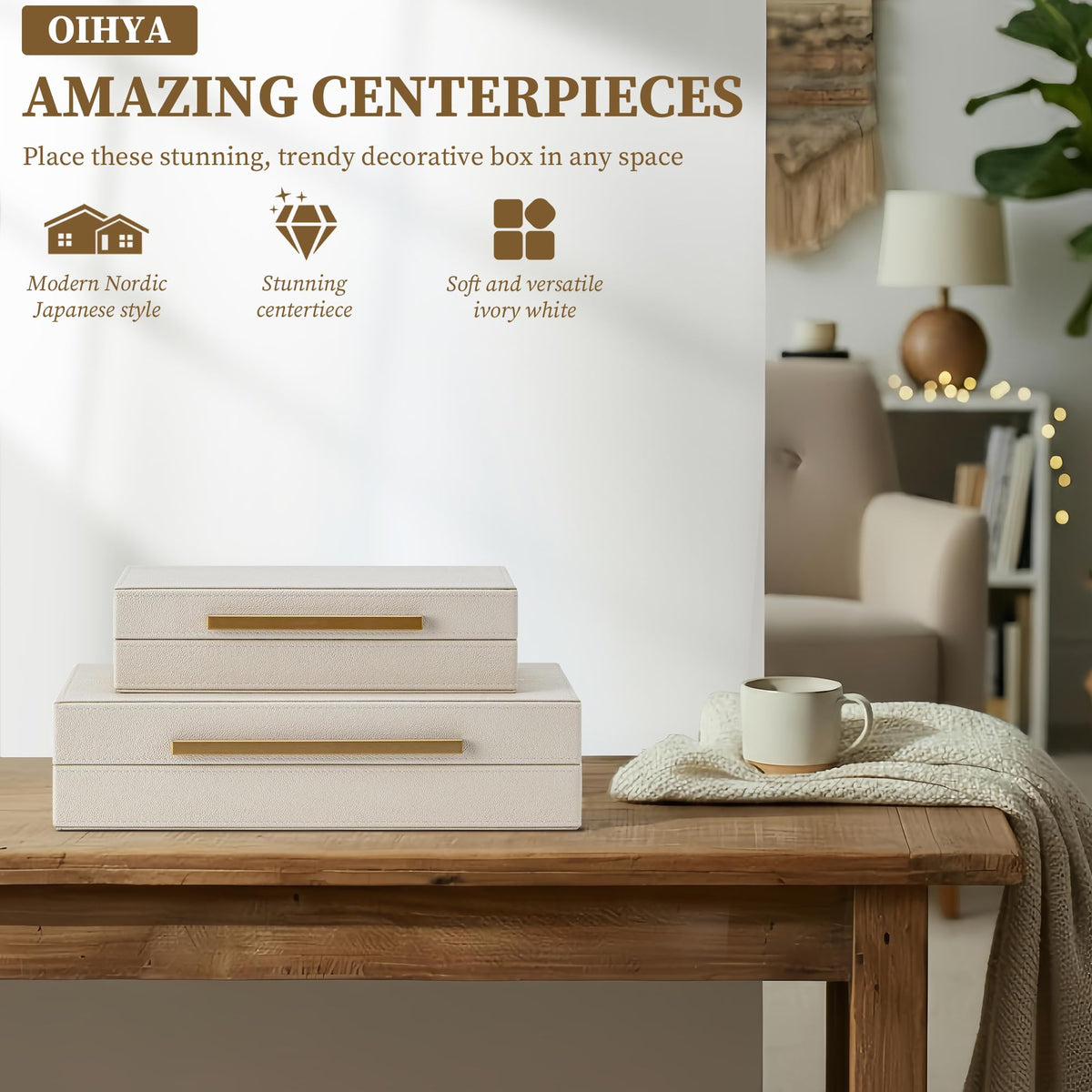 Set of 2 Shagreen Decorative Box Modern Faux Leather Beige - OIHYA Official Imagery - 3