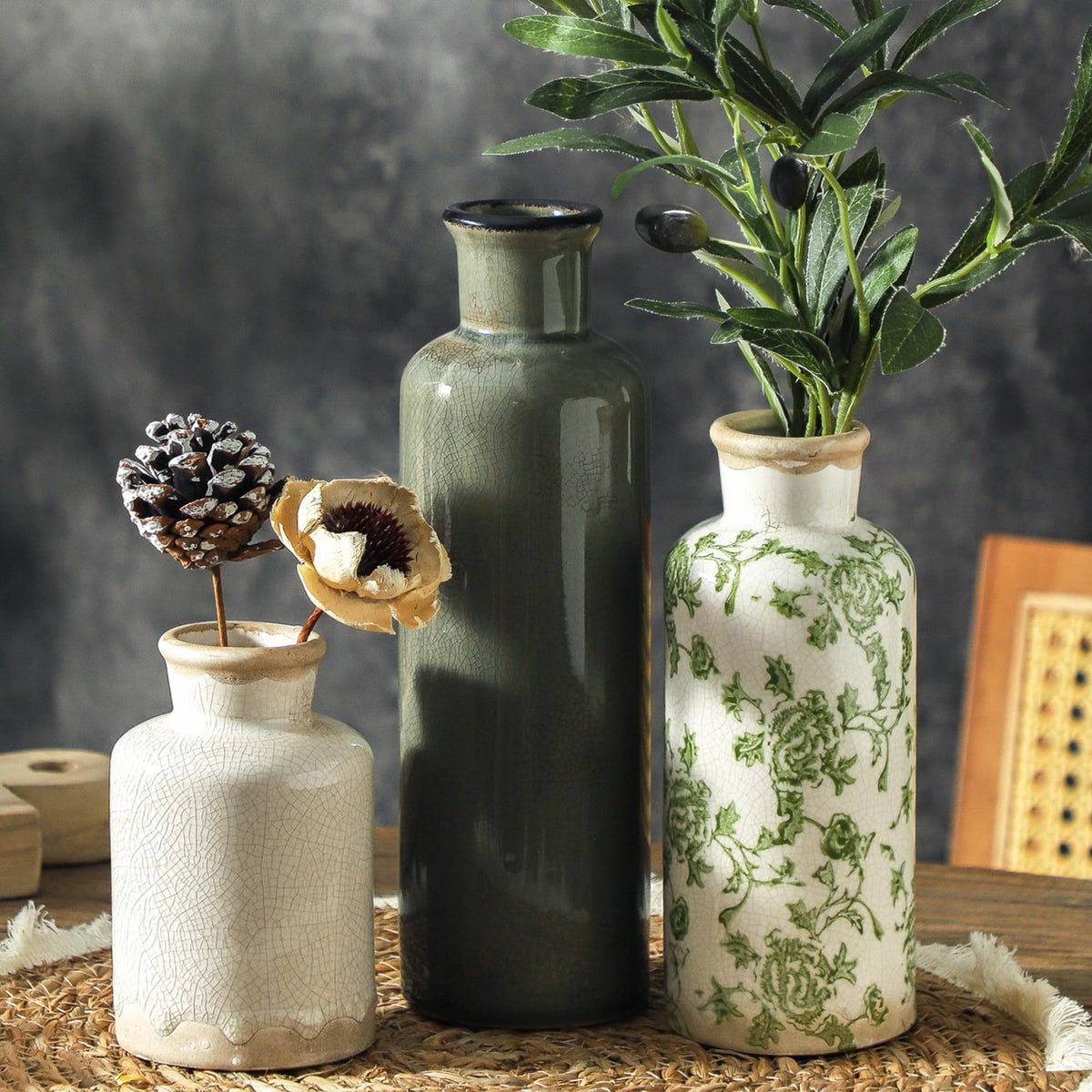 ooit Vintage Vase Set of 3 Ceramic Vintage Flower Vases – 007 Vintage - Green, Ceramic
